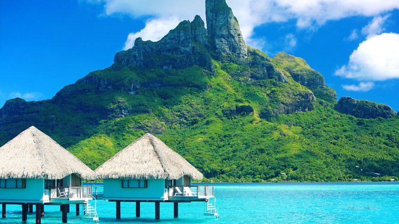 overwater bungalows near Mount Otemanu