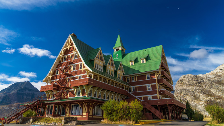 Alpine hotel with mountains behind