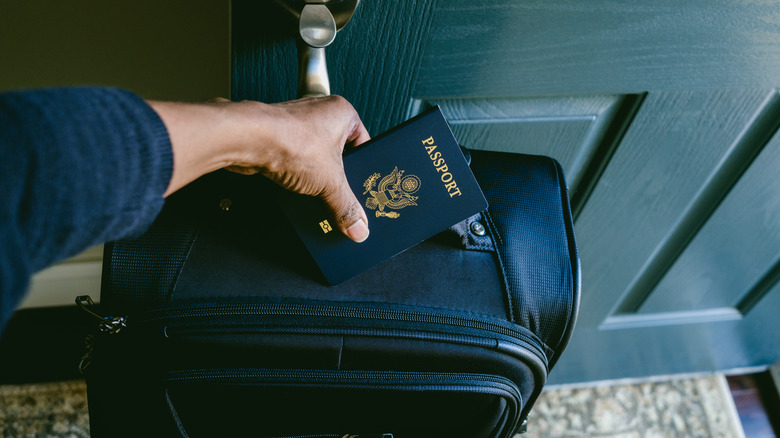 Man holding US passport bag