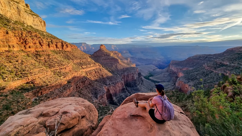 hiker at grand canyon bright angel trail