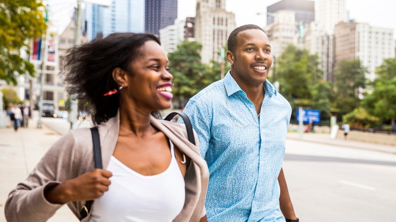 Couple walking through Chicago