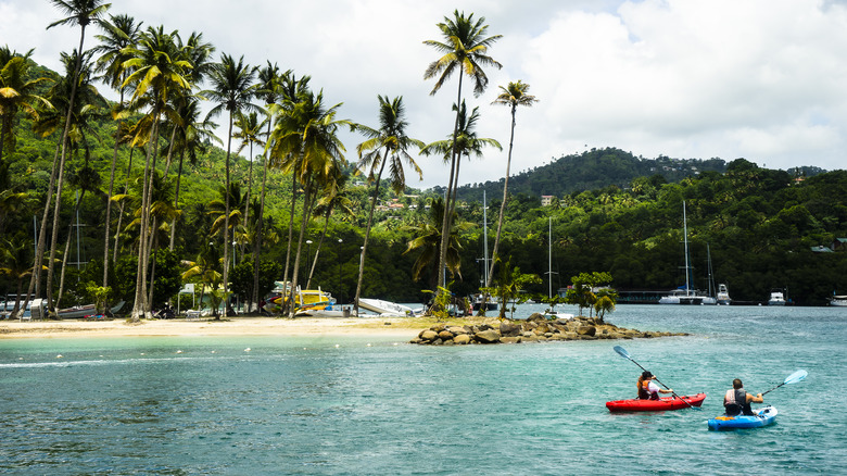 two kayakers in tropical climate