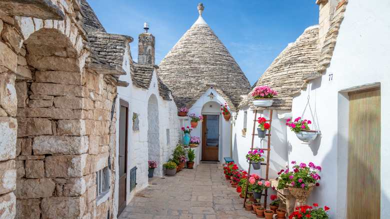 Flower covered trullo houses