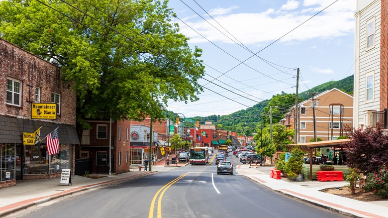 main street shops and cars