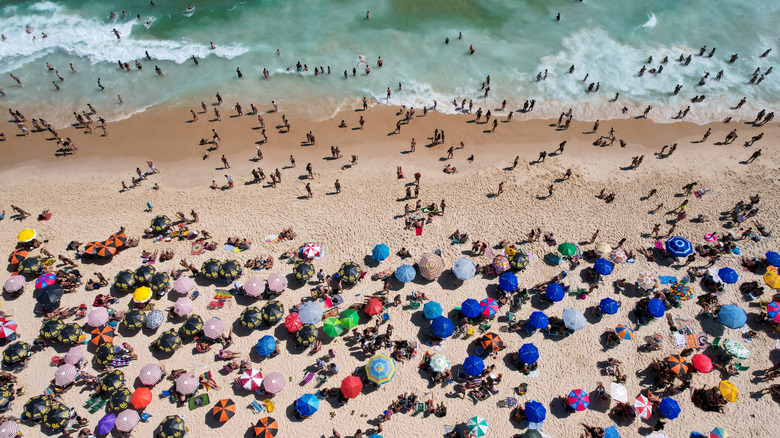 colorful umbrellas dotting beach