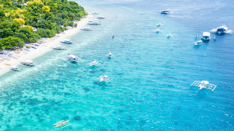 tropical coastline many boats