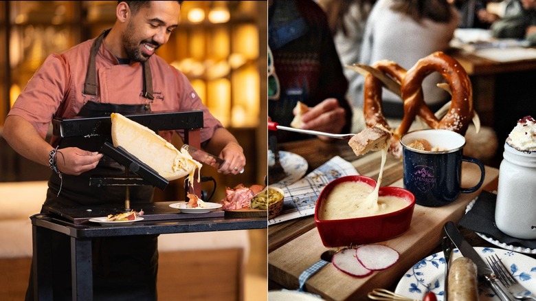 Chef serving raclette at The Hythe/fondue pretzel at Alpenrose