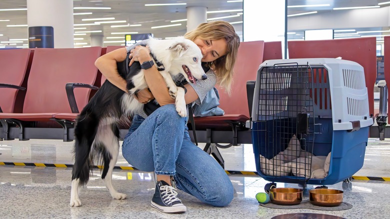 woman hugging dog in airport