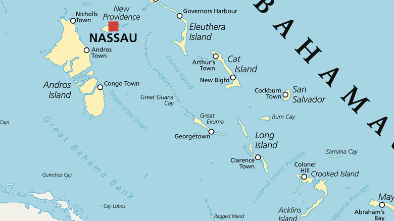 Map showing the Bahamas including Crooked Island and Nassau